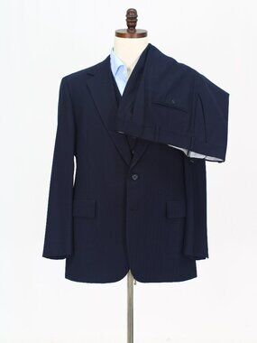 Vintage 1970s 44R 38x29 Navy Full Suit 2-Button Herringbone R932